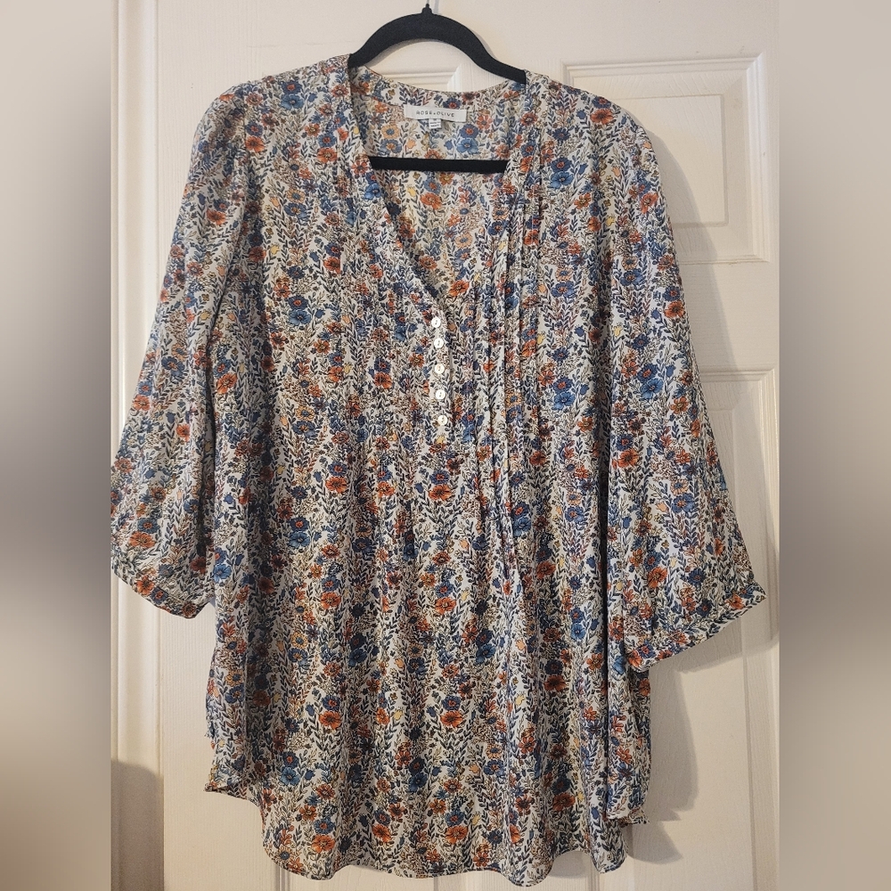 Rose & Olive Cream Floral V-Neck Blouse with Blue and Brown Accents